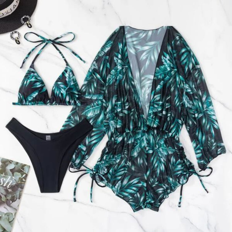Leaf-print Waist Lace-up Three-Piece Bikini Set Long-sleeved Beach Sun Protection Swimsuit, Size: S(Black Leaf) - Swimwear by PMC Jewellery | Online Shopping South Africa | PMC Jewellery