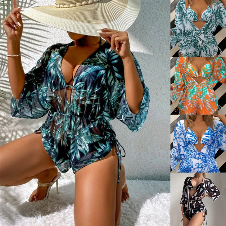 Leaf-print Waist Lace-up Three-Piece Bikini Set Long-sleeved Beach Sun Protection Swimsuit, Size: M(Black) - Swimwear by PMC Jewellery | Online Shopping South Africa | PMC Jewellery