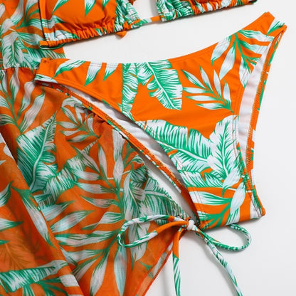 Leaf-print Waist Lace-up Three-Piece Bikini Set Long-sleeved Beach Sun Protection Swimsuit, Size: XL(Orange) - Swimwear by PMC Jewellery | Online Shopping South Africa | PMC Jewellery