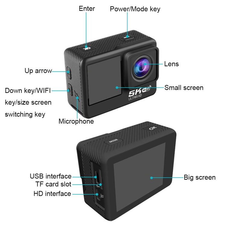 5K/30FPS WIFI HD Anti-Shake Remote Touch Dual-Screen IP68 Waterproof Sports Camera, Style: Black - Other Camera by PMC TechLife | Online Shopping South Africa | PMC TechLife