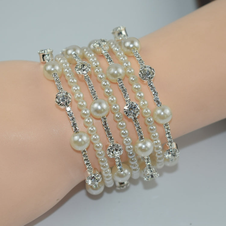 7 Row Silver Simple Rhinestone Pearl Wrapped Arm Bracelet Versatile Bracelet - Bracelets by PMC Jewellery | Online Shopping South Africa | PMC Jewellery