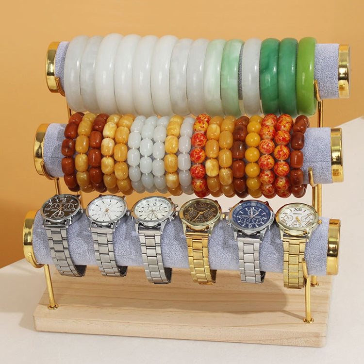 Three Layer Wooden Bottom Metal Stand Jewelry Display Stand Bracelet Watch Bangle Show Rack, Color: Rice Yellow - Jewelry Storages by PMC Jewellery | Online Shopping South Africa | PMC Jewellery