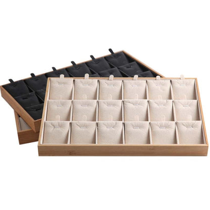 Bamboo Wooden Grid Liner Jewelry Display Tray Necklace Pendant Storage Tray Showcase, Style: 18 Grid Black Leather - Jewelry Storages by PMC Jewellery | Online Shopping South Africa | PMC Jewellery