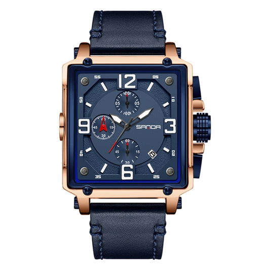 SANDA 5304 Quartz Men Watch Three Eyes Six Stitches Simple Calendar Waterproof Waist Watch(Belt Blue) - Leather Strap Watches by SANDA | Online Shopping South Africa | PMC Jewellery | Buy Now Pay Later Mobicred