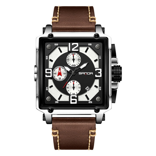 SANDA 5304 Quartz Men Watch Three Eyes Six Stitches Simple Calendar Waterproof Waist Watch(Belt Coffee) - Leather Strap Watches by SANDA | Online Shopping South Africa | PMC Jewellery | Buy Now Pay Later Mobicred