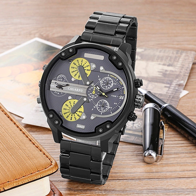 CAGARNY 6820 Fashionable Business Style Large Dial Dual Time Zone Quartz Movement Wrist Watch with Stainless Steel Band & Calendar Function for Men(Black Band Yellow Needle) - Metal Strap Watches by CAGARNY | Online Shopping South Africa | PMC Jewellery | Buy Now Pay Later Mobicred