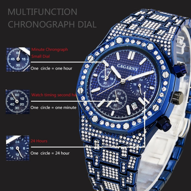 CAGARNY 6881 Diamond-studded Six-needles Guartz Dual Movement Watch Men Stainless Steel Strap Watch (Blue Shell Blue Dial) - Metal Strap Watches by CAGARNY | Online Shopping South Africa | PMC Jewellery | Buy Now Pay Later Mobicred