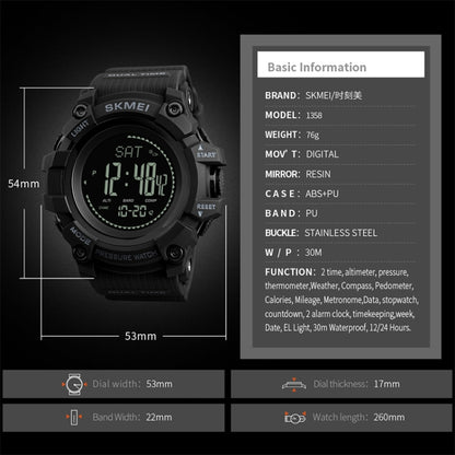 SKMEI 1358 Multifunctional Men Outdoor Sports 30m Waterproof Digital Watch with Compass / Barometer / Altimeter/ Pedometer Function(Black) - Sport Watches by SKMEI | Online Shopping South Africa | PMC Jewellery | Buy Now Pay Later Mobicred