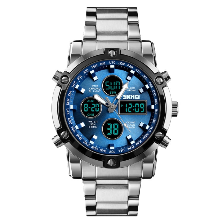 SKMEI 1389 Multifunctional Men Business Digital Watch 30m Waterproof Large Dial Wrist Watch with Stainless Steel Watchband (Blue) - Metal Strap Watches by SKMEI | Online Shopping South Africa | PMC Jewellery | Buy Now Pay Later Mobicred