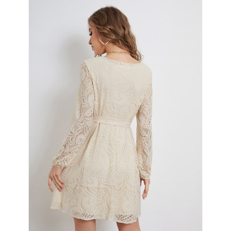 Lacing Lace Elegant Long Sleeve Dress For Ladies (Color:Apricot Size:S) - Dress by PMC Jewellery | Online Shopping South Africa | PMC Jewellery